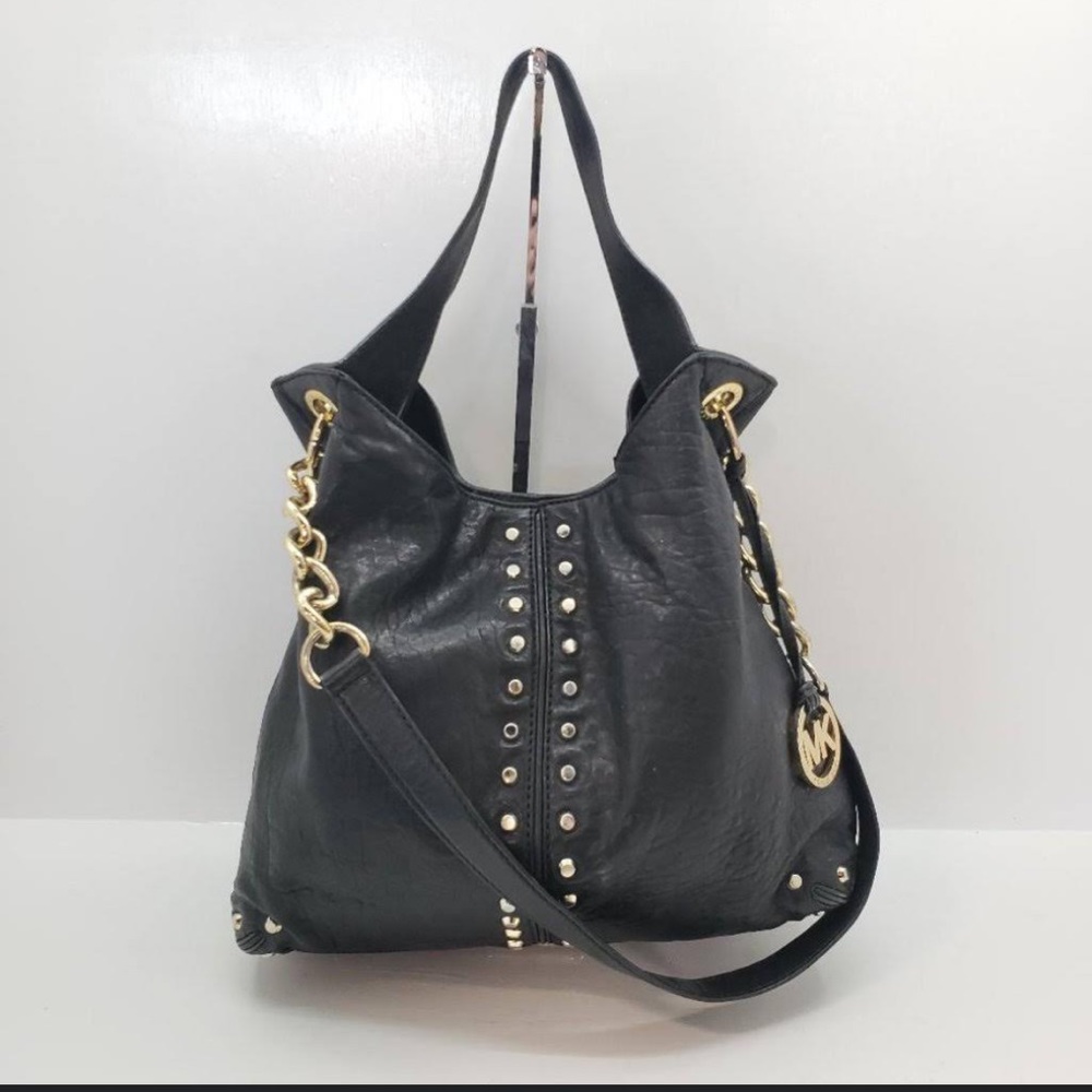 Michael Kors Uptown Astor Black Leather Studded Satchel Shoulder Bag Purse